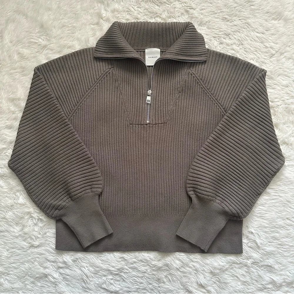 Varley Sweater Reid Half-Zip Knit Pullover Balloon Sleeves Boxy Gravity Sage M - Picture 3 of 14